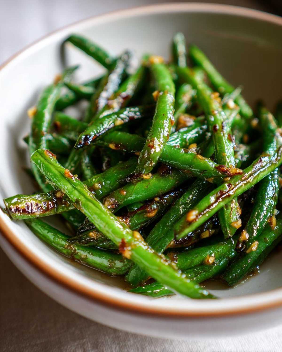 A close-up shot of bright green, glossy chinese green beans with garlic sauce in a light-colored bowl.