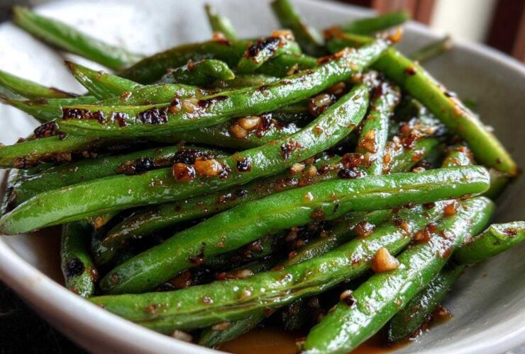Vibrant green beans coated in a savory, dark garlic sauce, ready to serve.