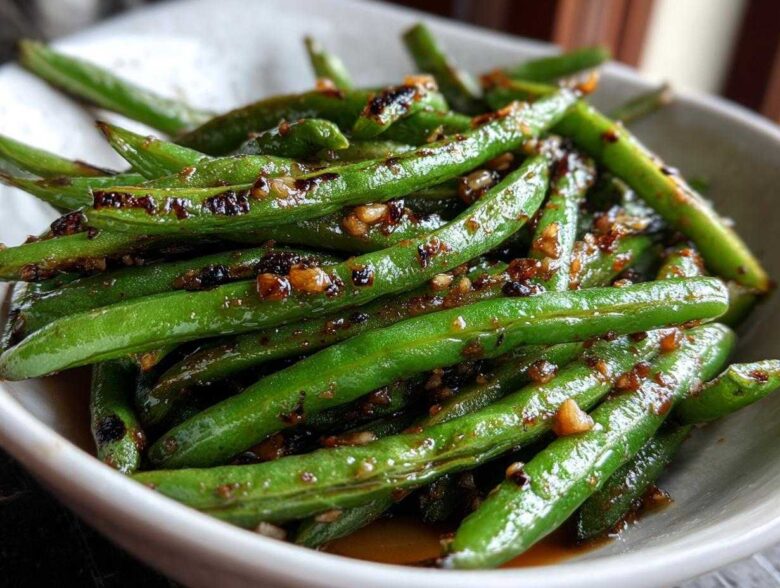 Vibrant green beans coated in a savory, dark garlic sauce, ready to serve.