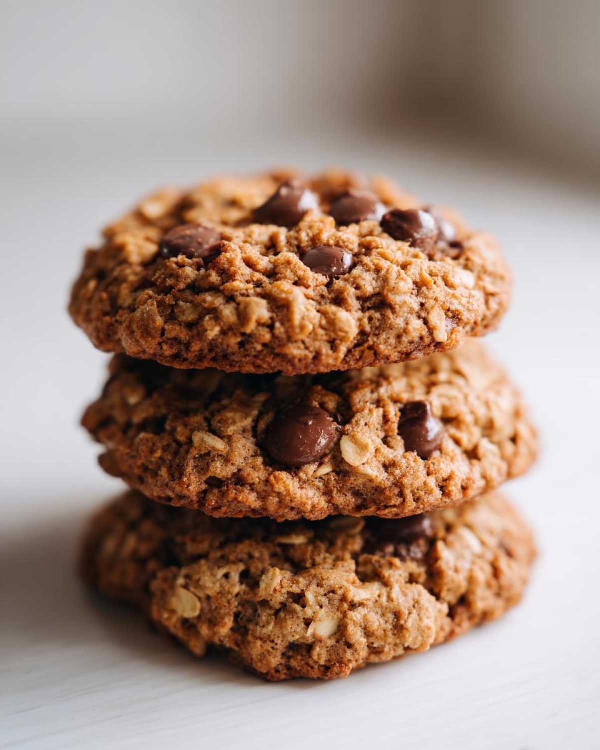 A close-up stack of three chewy chocolate chip oatmeal cookie treats on a white surface.