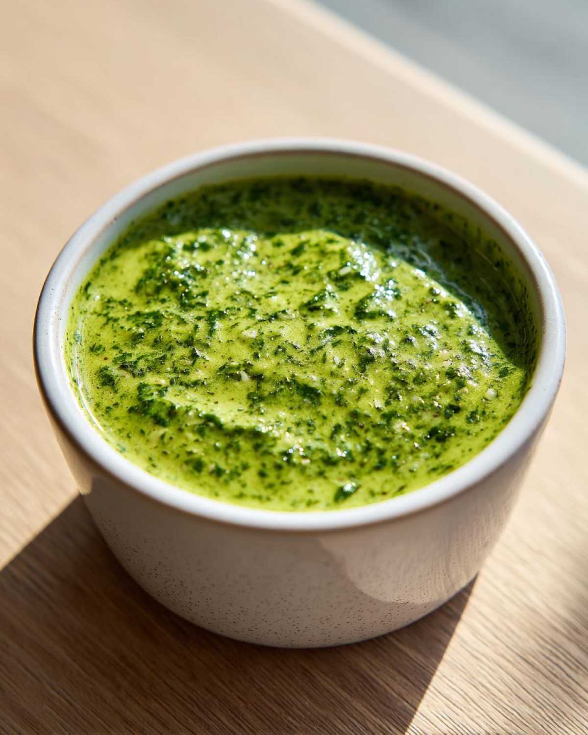 Close-up of vibrant green cilantro lime sauce in a small white bowl on a wooden surface.