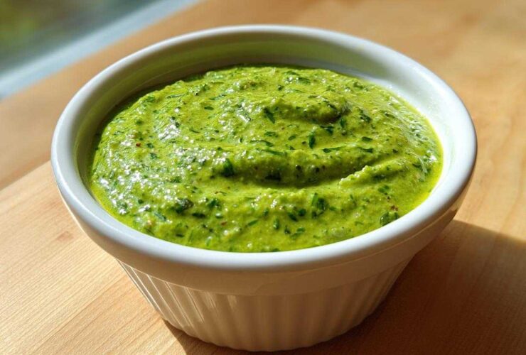 A vibrant, thick cilantro lime sauce filling a small white ramekin, set on a wooden surface.