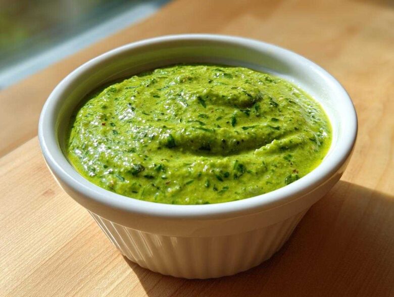 A vibrant, thick cilantro lime sauce filling a small white ramekin, set on a wooden surface.