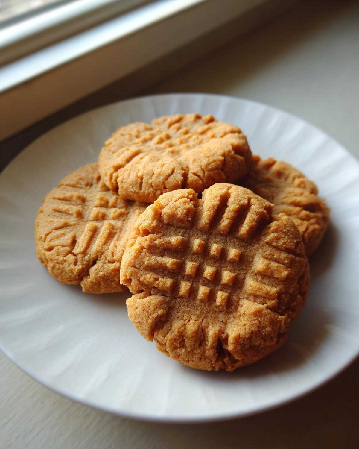 Four classic peanut butter cookies with traditional crisscross fork marks stacked on a white plate near a window.