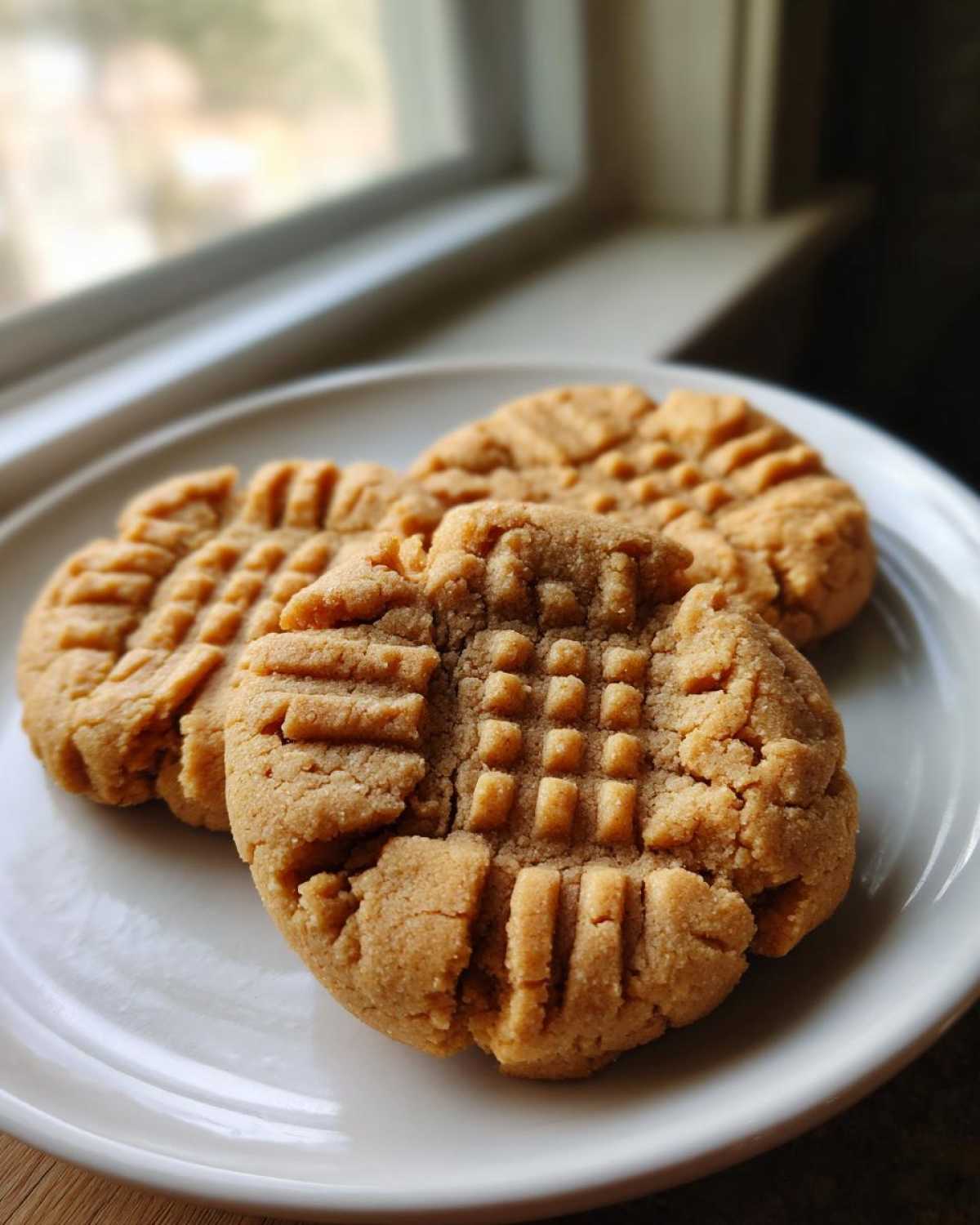 Three freshly baked peanut butter cookies with classic criss-cross fork marks sitting on a white plate near a window.