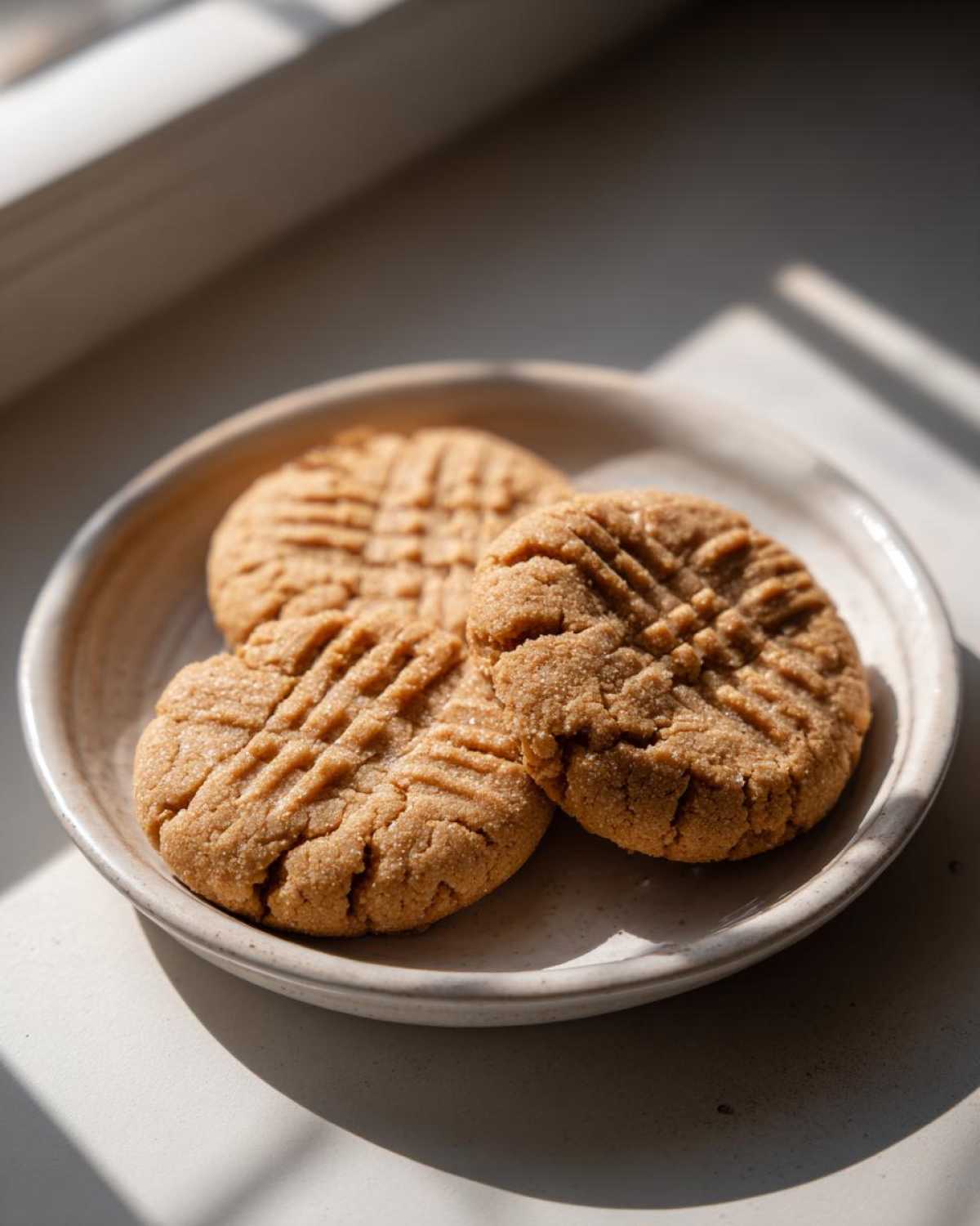 Three classic peanut butter cookies with fork crosshatch marks resting on a small, light-colored plate.