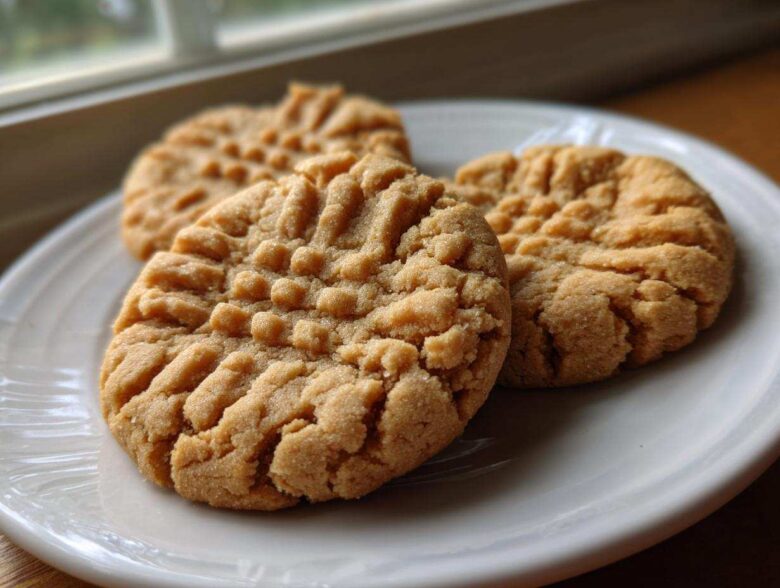 Close-up of three perfectly baked peanut butter cookies featuring the classic crisscross fork marks, resting on a white plate.