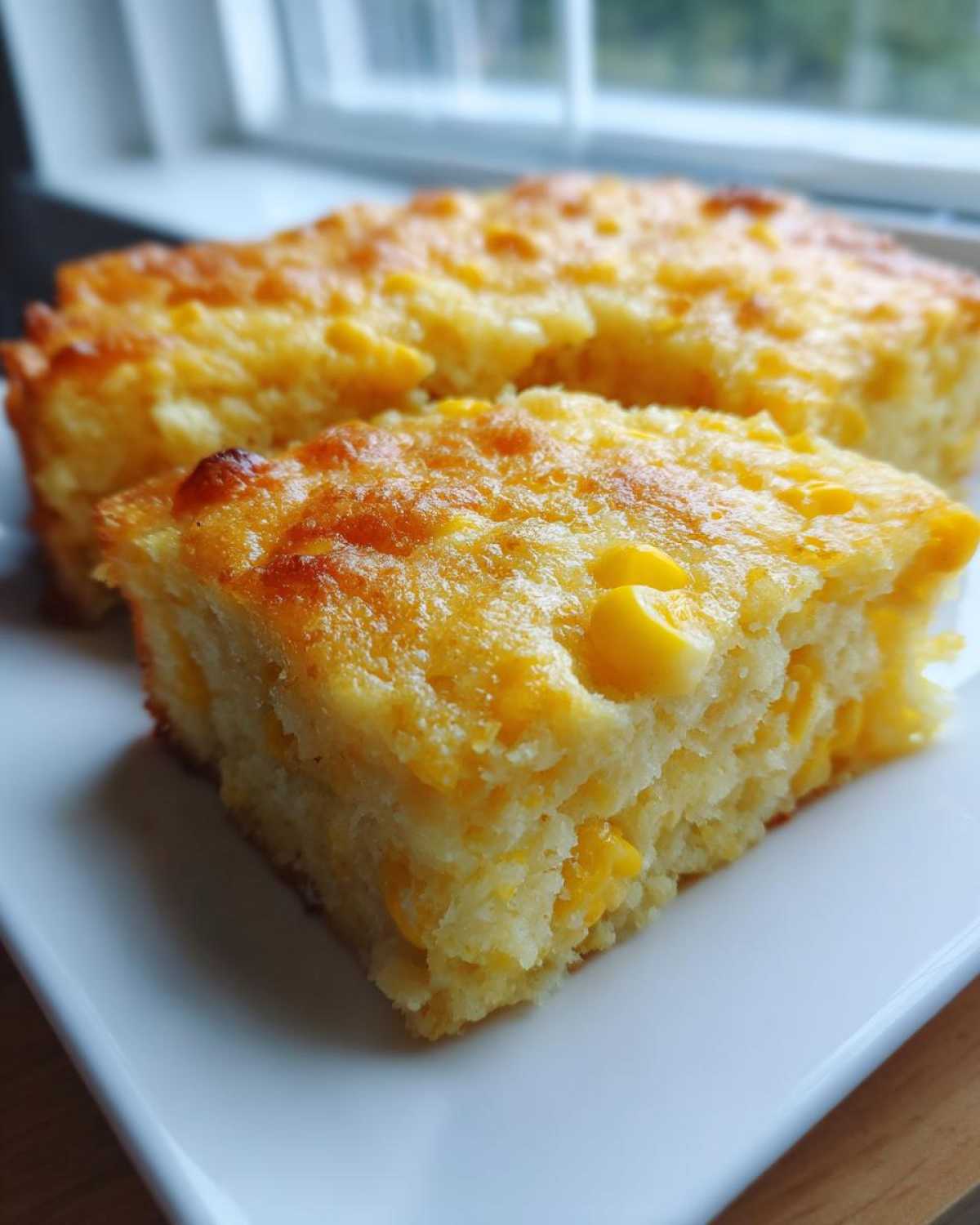 A close-up shot of a moist slice of golden cornbread casserole featuring visible corn kernels, served on a white plate.