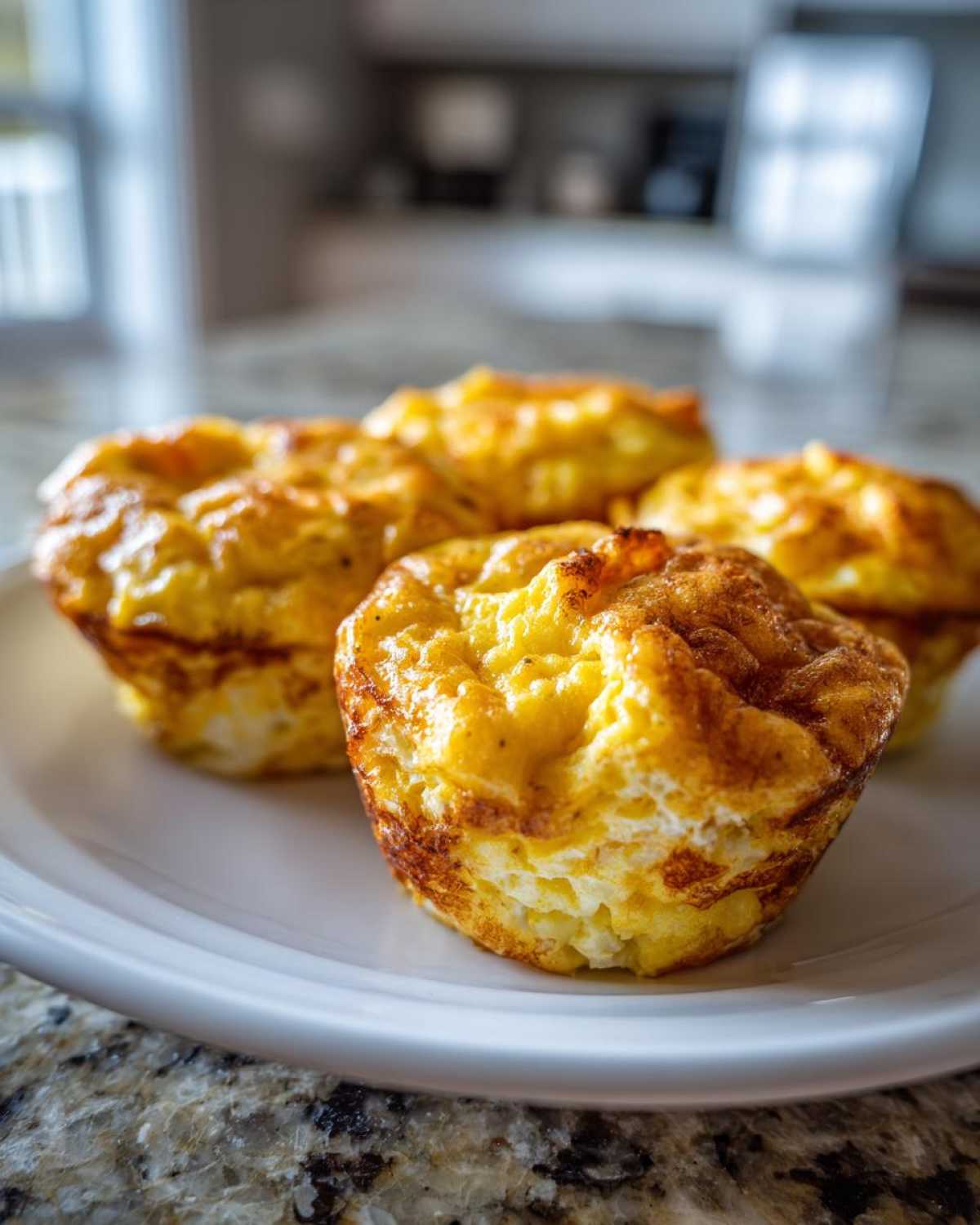 Four golden brown cottage cheese egg cups starbucks style served on a white plate on a granite countertop.
