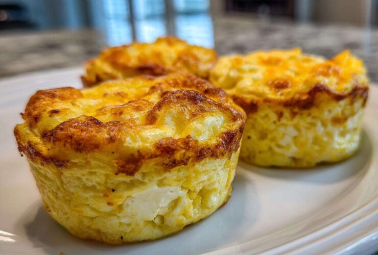 Three freshly baked cottage cheese egg cups starbucks style sitting on a white plate with golden brown tops.