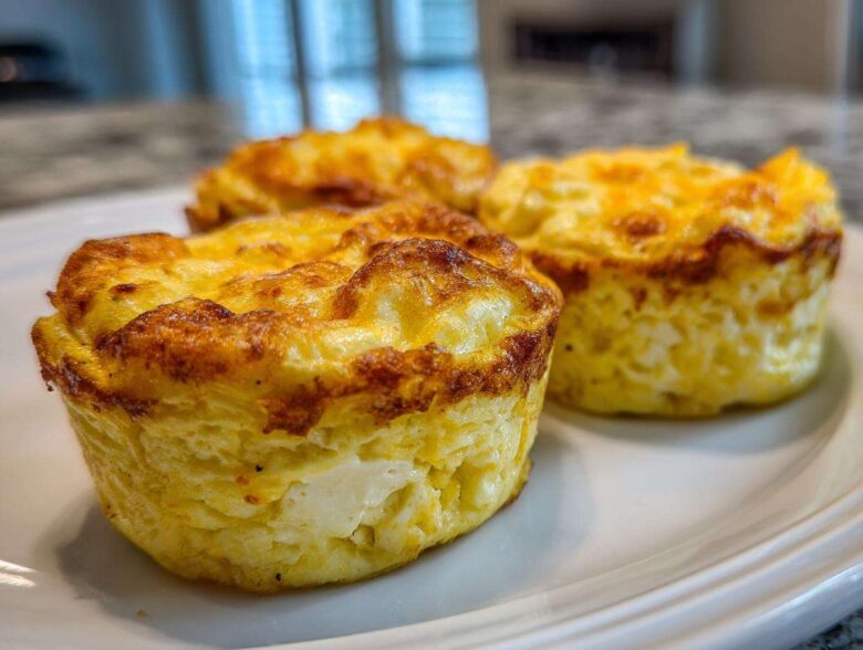 Three freshly baked cottage cheese egg cups starbucks style sitting on a white plate with golden brown tops.