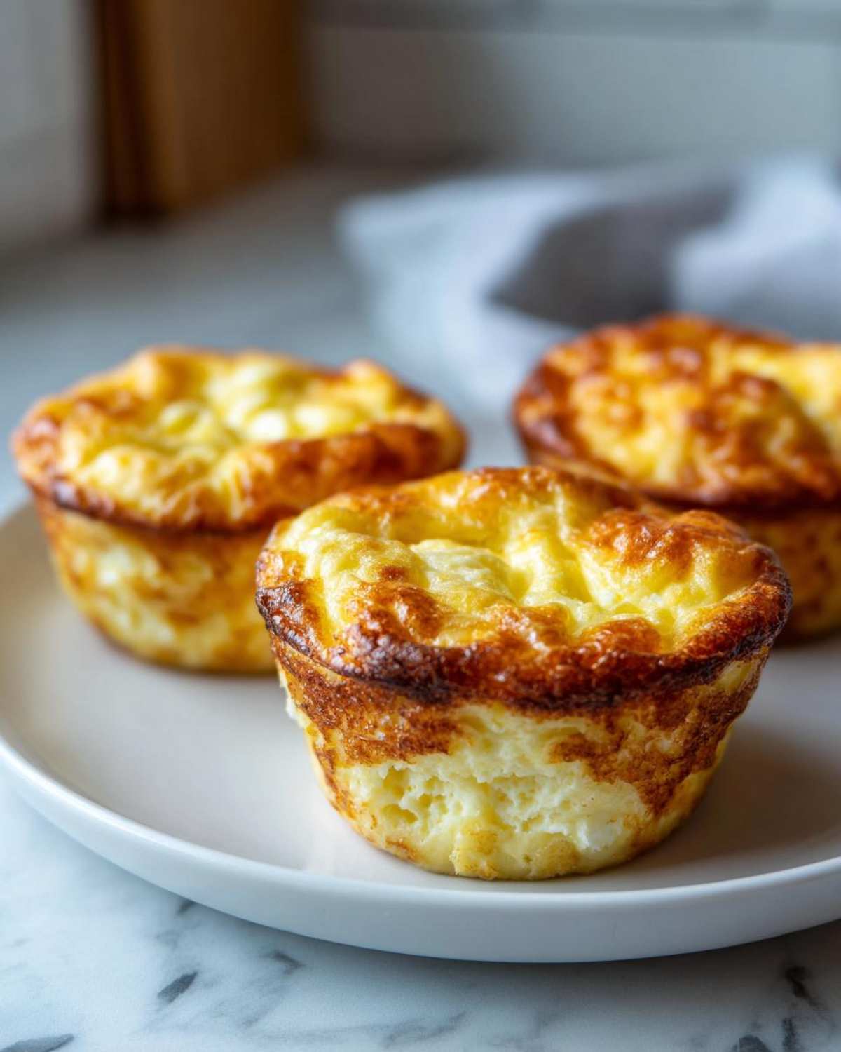 Three golden brown cottage cheese egg cups, resembling mini soufflés, served on a white plate.