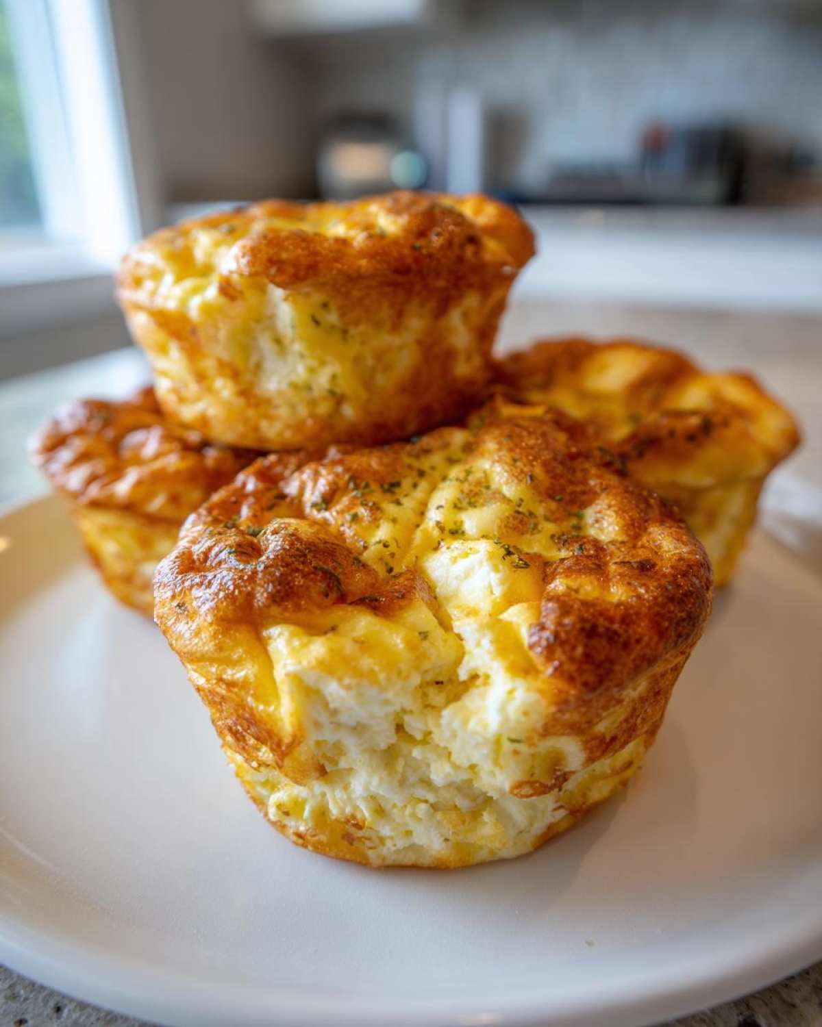 Close-up of four golden brown cottage cheese egg cups starbucks style stacked on a white plate, one has a bite taken out.