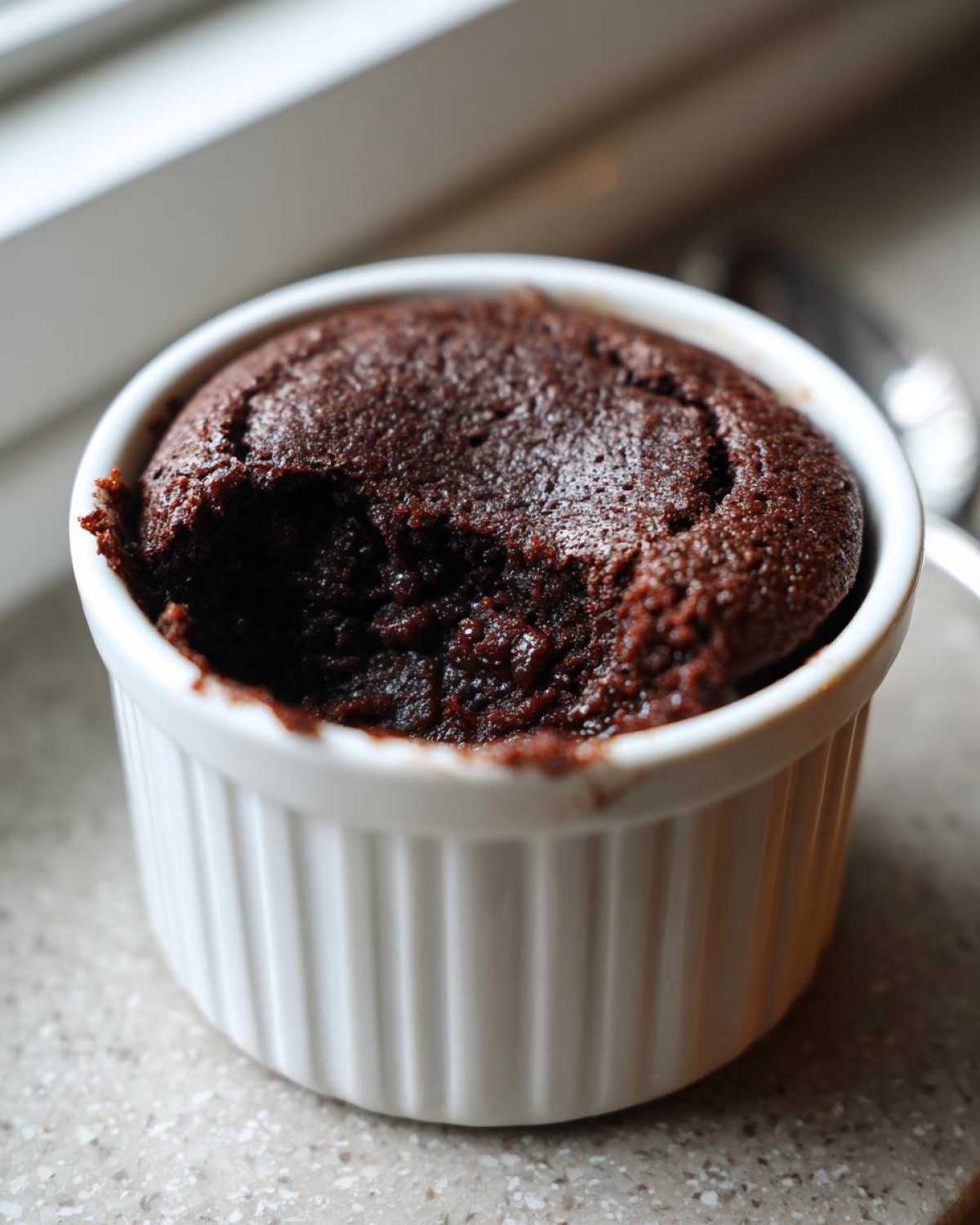 A close-up of a rich, dark chocolate Cottage Cheese Microwave Brownie baked in a white fluted ramekin.