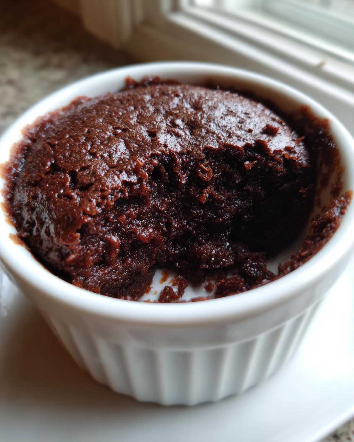 Close-up of a rich, fudgy Cottage Cheese Microwave Brownie baked in a white ramekin.