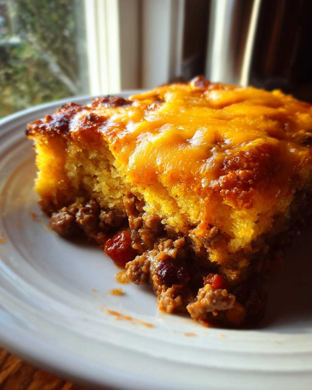 A close-up of a serving of cowboy cornbread casserole with a thick layer of melted cheddar cheese on top.