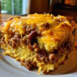 Close-up of a hearty slice of cowboy cornbread casserole topped with chili and melted cheddar cheese.