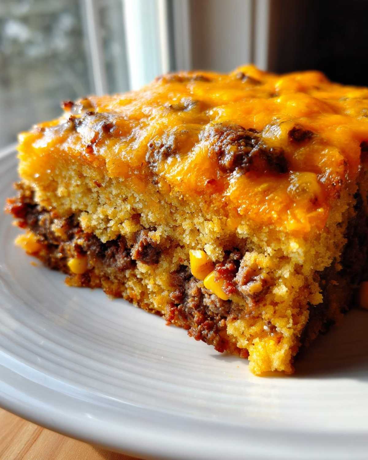 Close-up of a hearty slice of cowboy cornbread casserole topped with melted cheddar cheese.