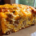Close-up of a thick slice of cowboy cornbread casserole featuring layers of cornbread, ground meat, and melted cheddar cheese.