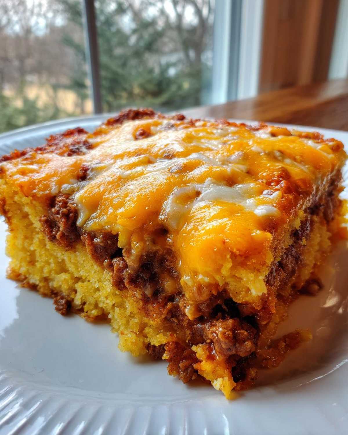 A close-up of a hearty slice of cowboy cornbread casserole topped with melted cheddar cheese.