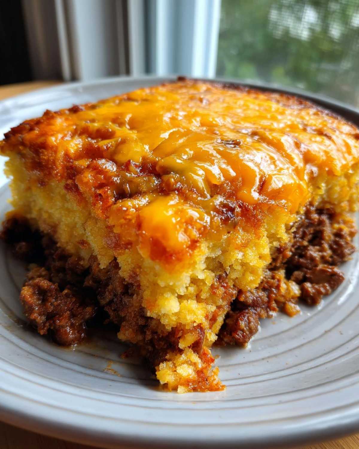 A close-up slice of cowboy cornbread casserole featuring a thick layer of cheesy topping over a savory meat base.
