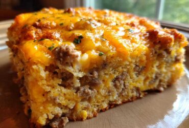 Close-up of a thick slice of cowboy cornbread casserole featuring layers of cornbread, ground meat, and melted cheddar cheese.