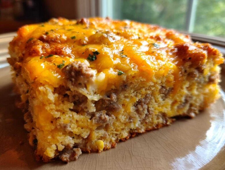 Close-up of a thick slice of cowboy cornbread casserole featuring layers of cornbread, ground meat, and melted cheddar cheese.