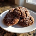 Four dark, cracked gingersnap cookies heavily coated in sparkling sugar crystals resting on a white plate.