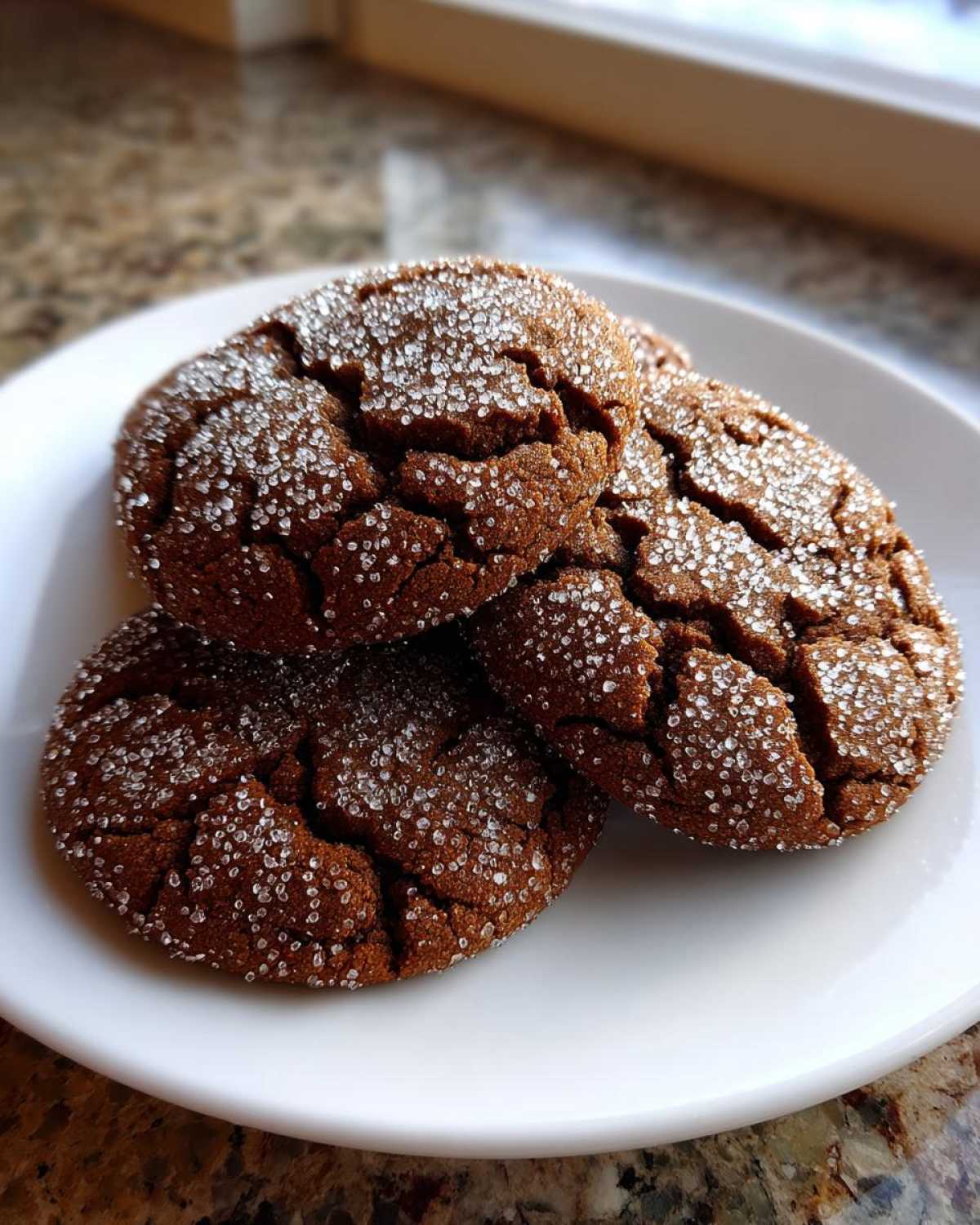 Three dark, cracked gingersnap cookies heavily coated in sparkling white sugar crystals on a white plate.