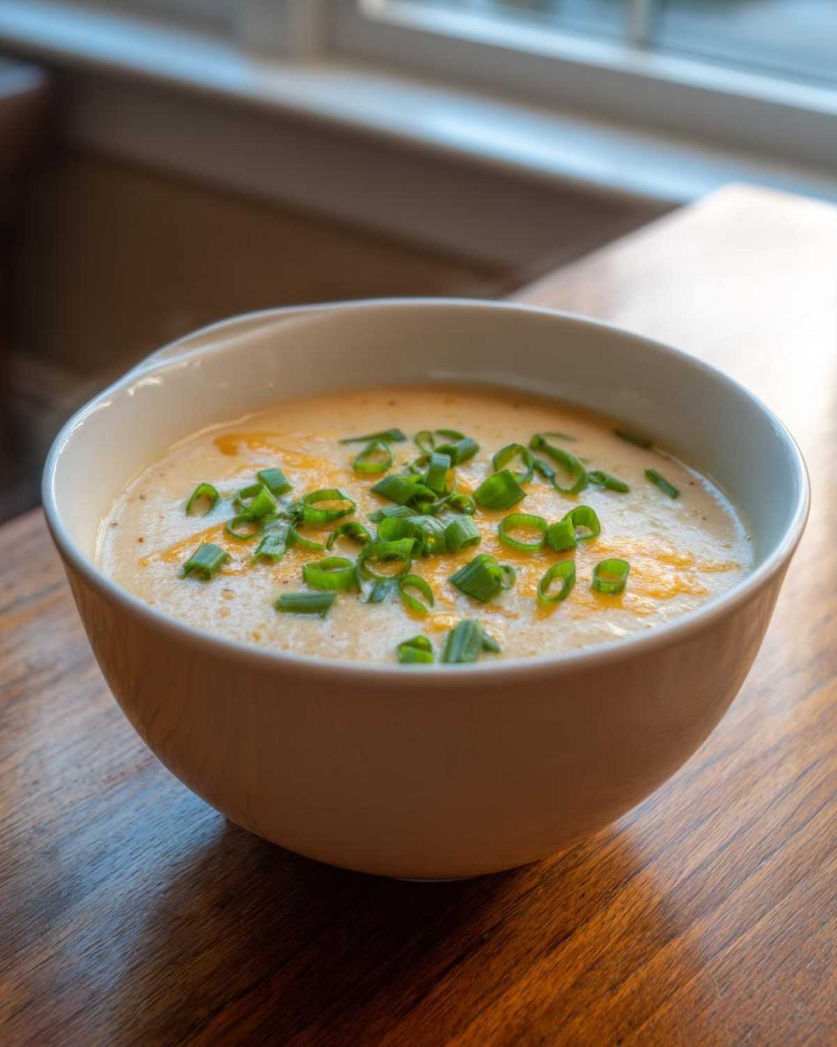 A creamy bowl of cauliflower soup topped with melted cheese and fresh green chives.