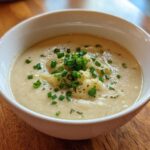 A close-up of a white bowl filled with creamy cauliflower soup, topped with chopped green chives and seasoning.
