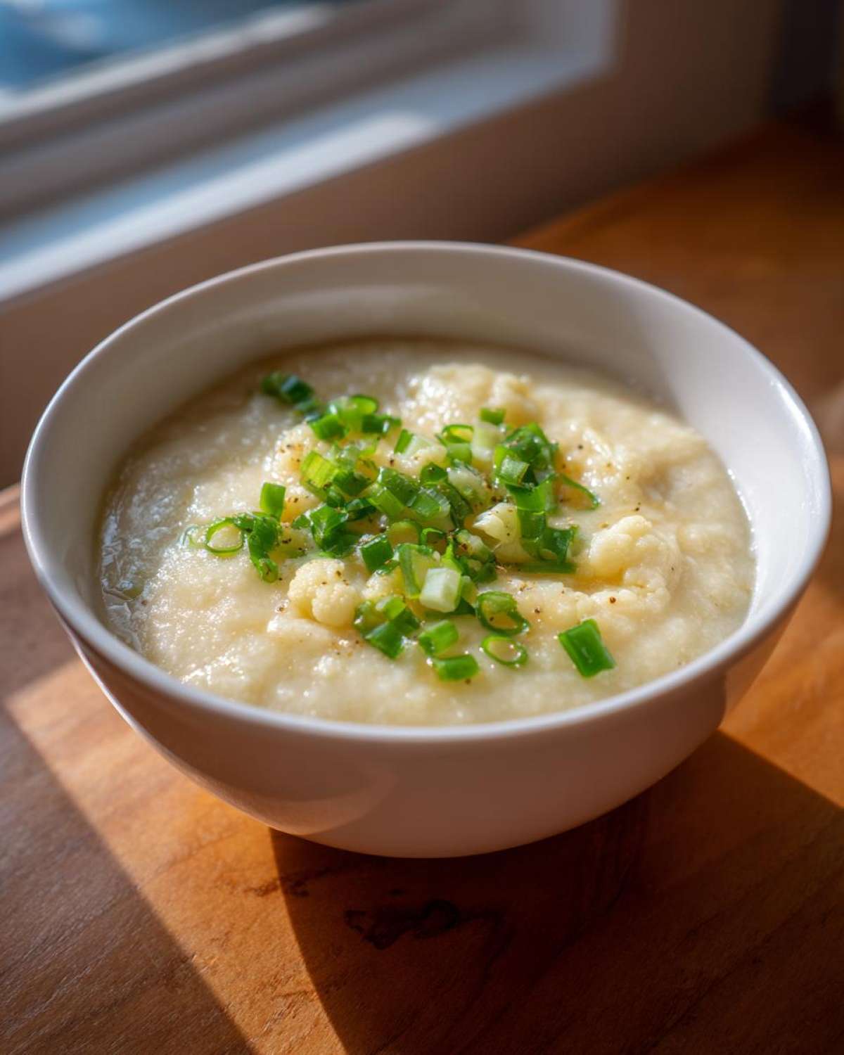 A white bowl filled with creamy cauliflower soup, topped with fresh chopped green onions.