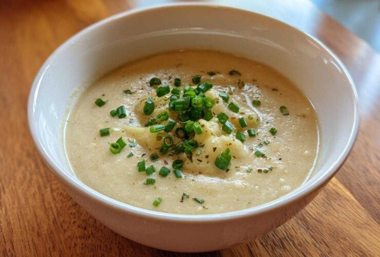 A close-up of a white bowl filled with creamy cauliflower soup, topped with chopped green chives and seasoning.