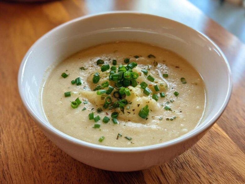 A close-up of a white bowl filled with creamy cauliflower soup, topped with chopped green chives and seasoning.