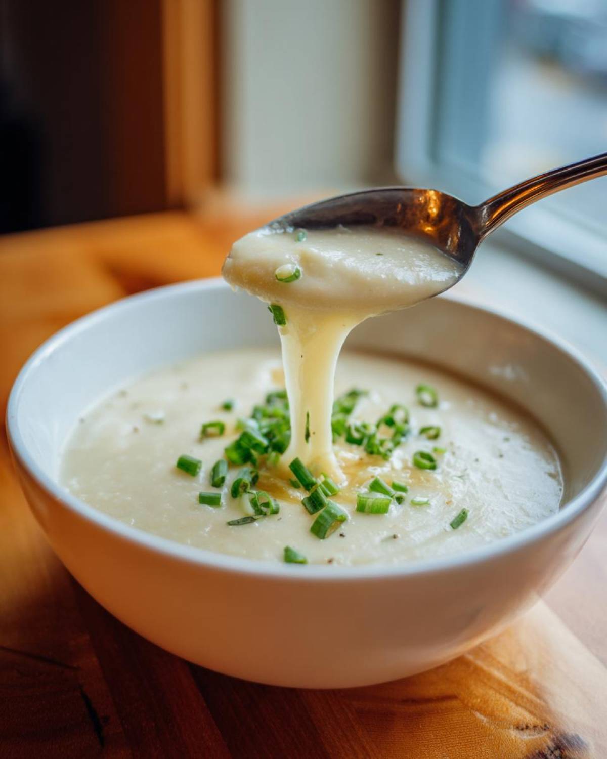 A spoonful of thick, creamy cauliflower soup dripping back into a white bowl topped with chives.