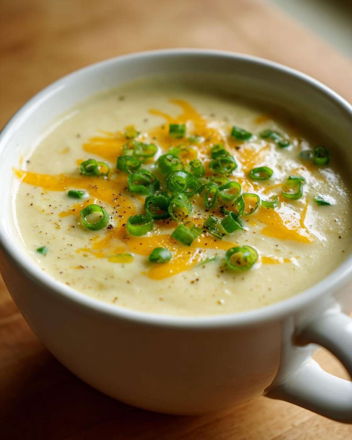 Close-up of a bowl of creamy cauliflower soup topped with shredded cheddar cheese, sliced green onions, and black pepper.