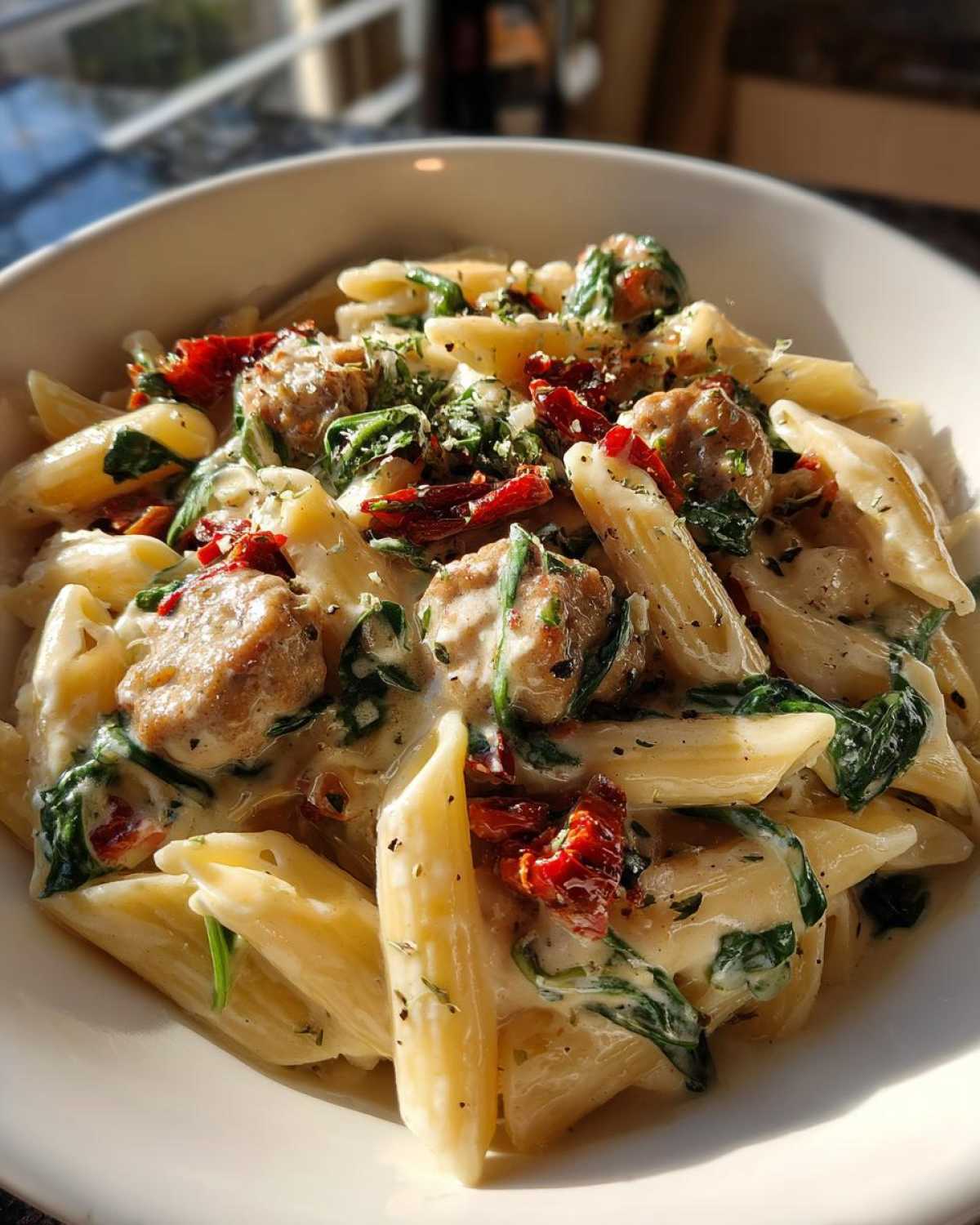 A close-up of creamy chicken sausage pasta featuring penne, spinach, and sun-dried tomatoes in a white bowl.