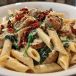 Close-up of creamy chicken sausage pasta featuring penne, spinach, and sun-dried tomatoes in a rich sauce.