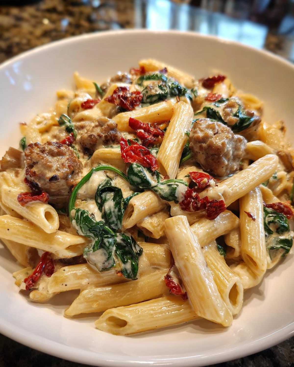 A close-up of a bowl of creamy chicken sausage pasta featuring penne, spinach, and sun-dried tomatoes.