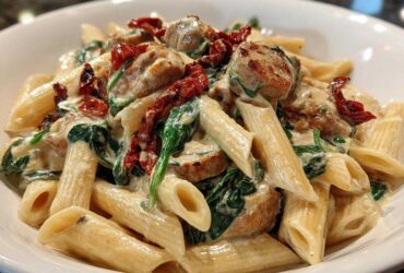 Close-up of creamy chicken sausage pasta featuring penne, spinach, and sun-dried tomatoes in a rich sauce.
