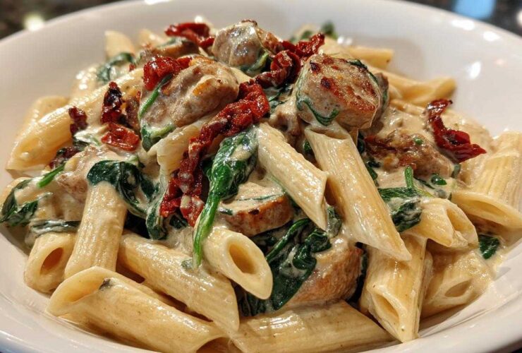 Close-up of creamy chicken sausage pasta featuring penne, spinach, and sun-dried tomatoes in a rich sauce.
