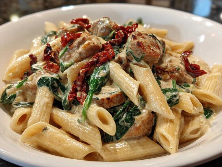 Close-up of creamy chicken sausage pasta featuring penne, spinach, and sun-dried tomatoes in a rich sauce.