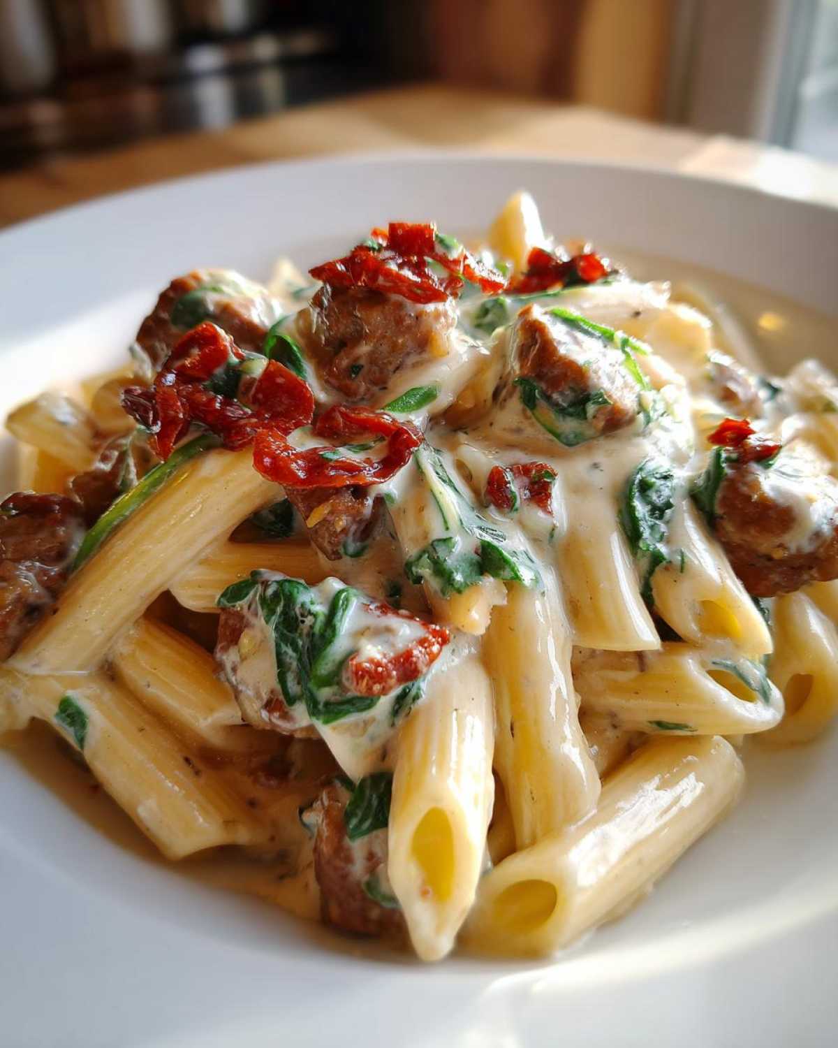 Close-up of creamy chicken sausage pasta featuring penne, spinach, and sun-dried tomatoes.