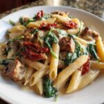Close-up of creamy chicken sausage pasta featuring penne, spinach, and sun-dried tomatoes in a white bowl.