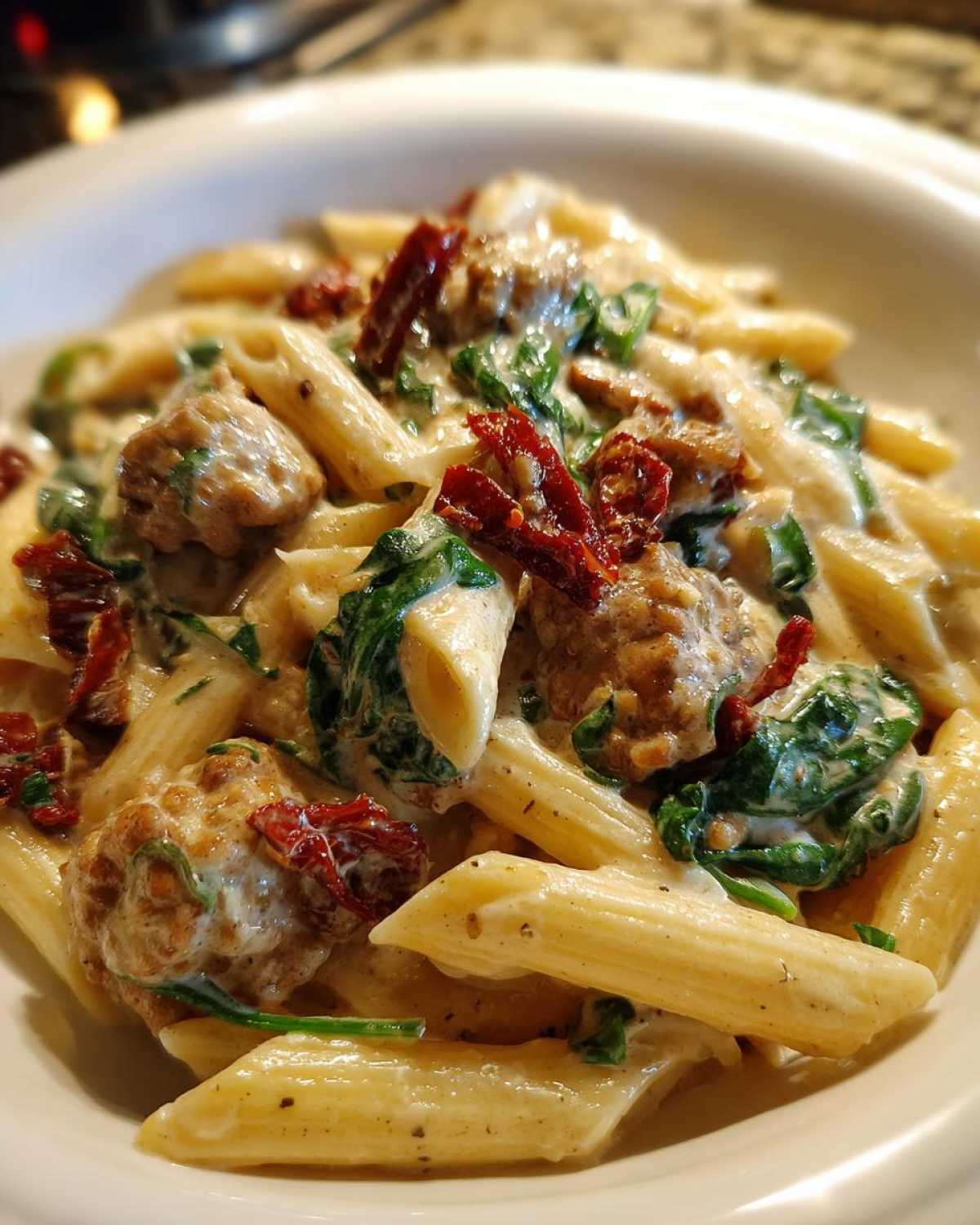 Close-up of creamy chicken sausage pasta featuring penne, spinach, and sun-dried tomatoes.