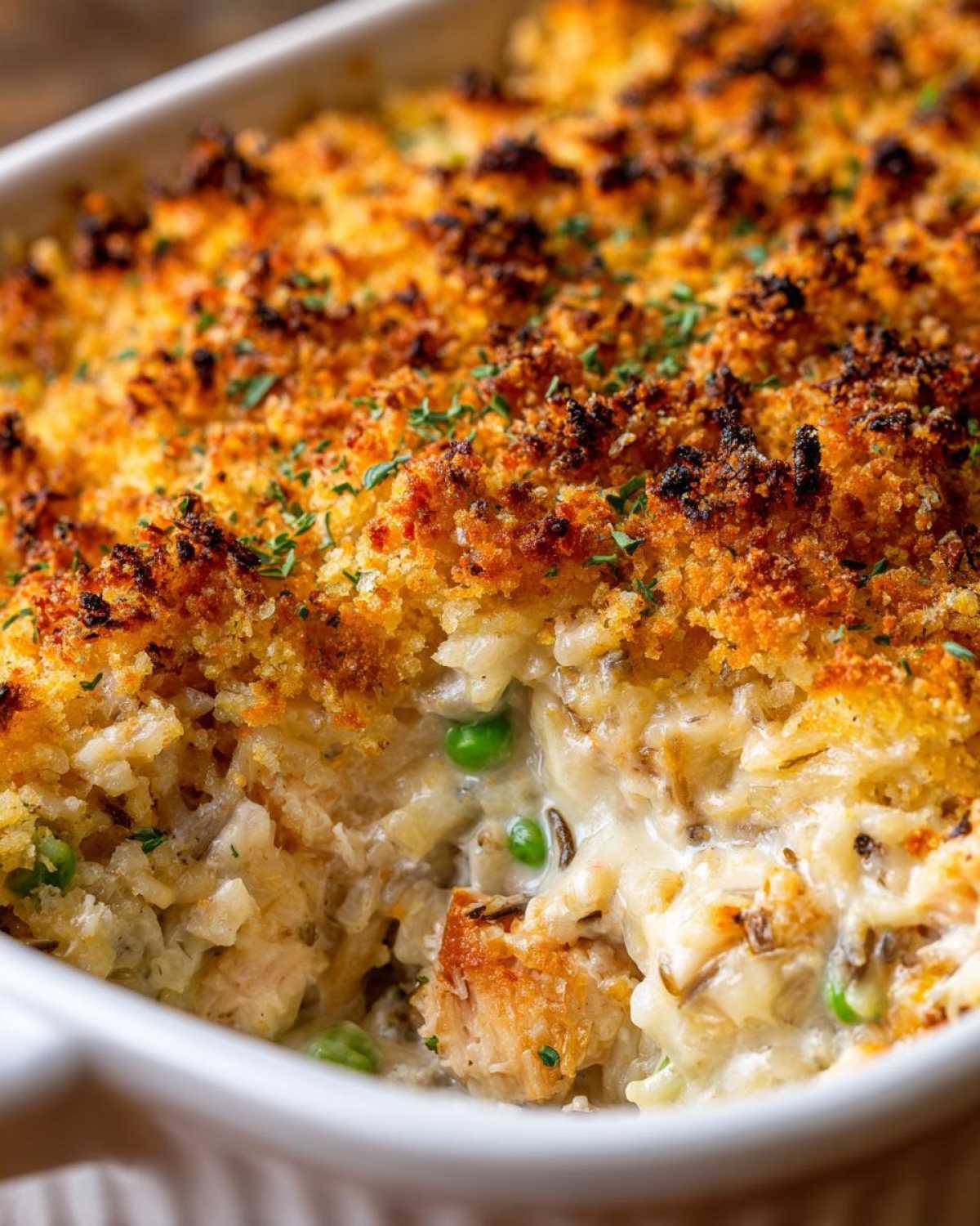 Close-up of creamy chicken wild rice casserole scooped out, showing a golden brown, crispy topping and chunks of chicken.