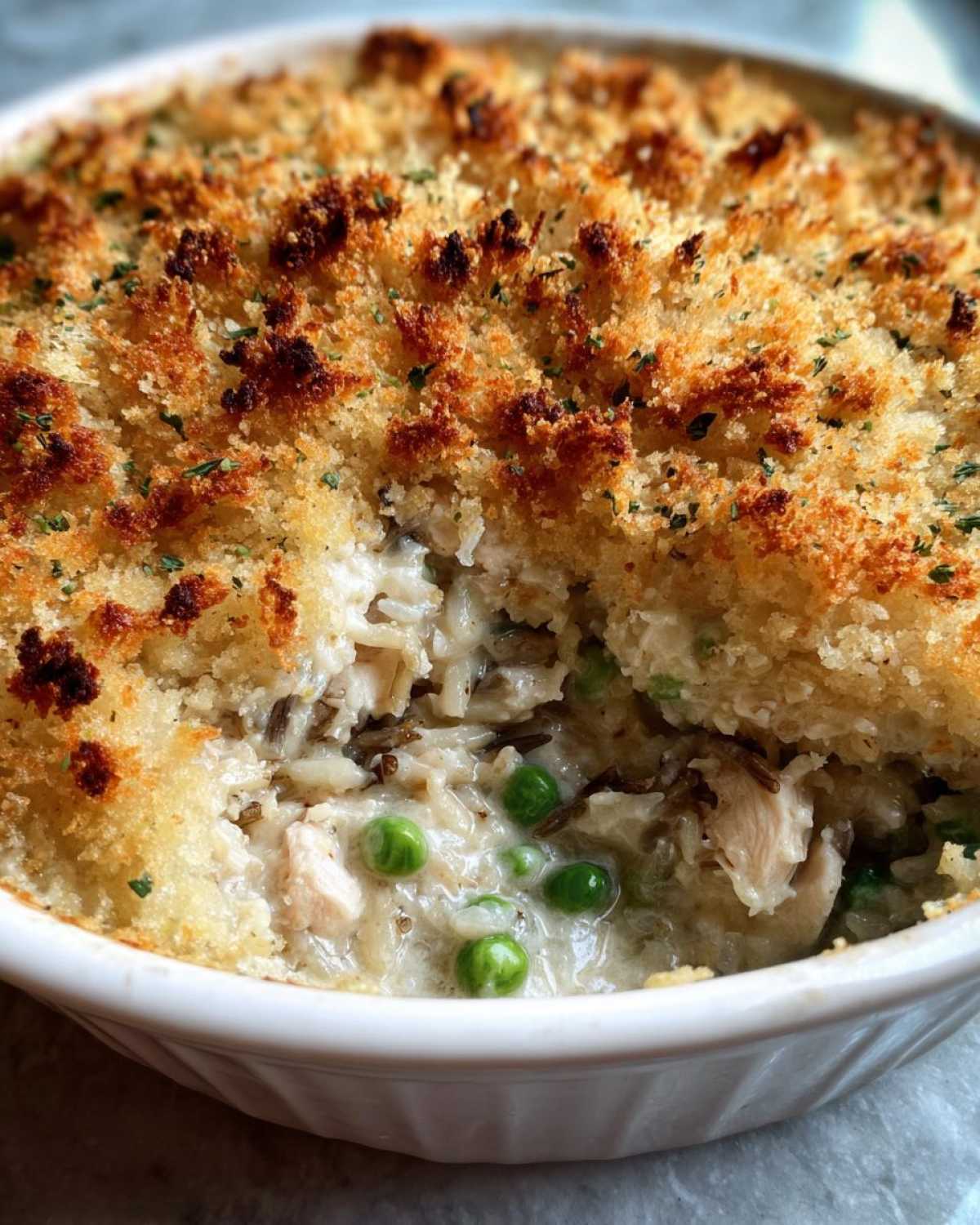 Close-up of a scoop taken from a creamy chicken wild rice casserole, showing chicken chunks, peas, and a golden brown breadcrumb topping.