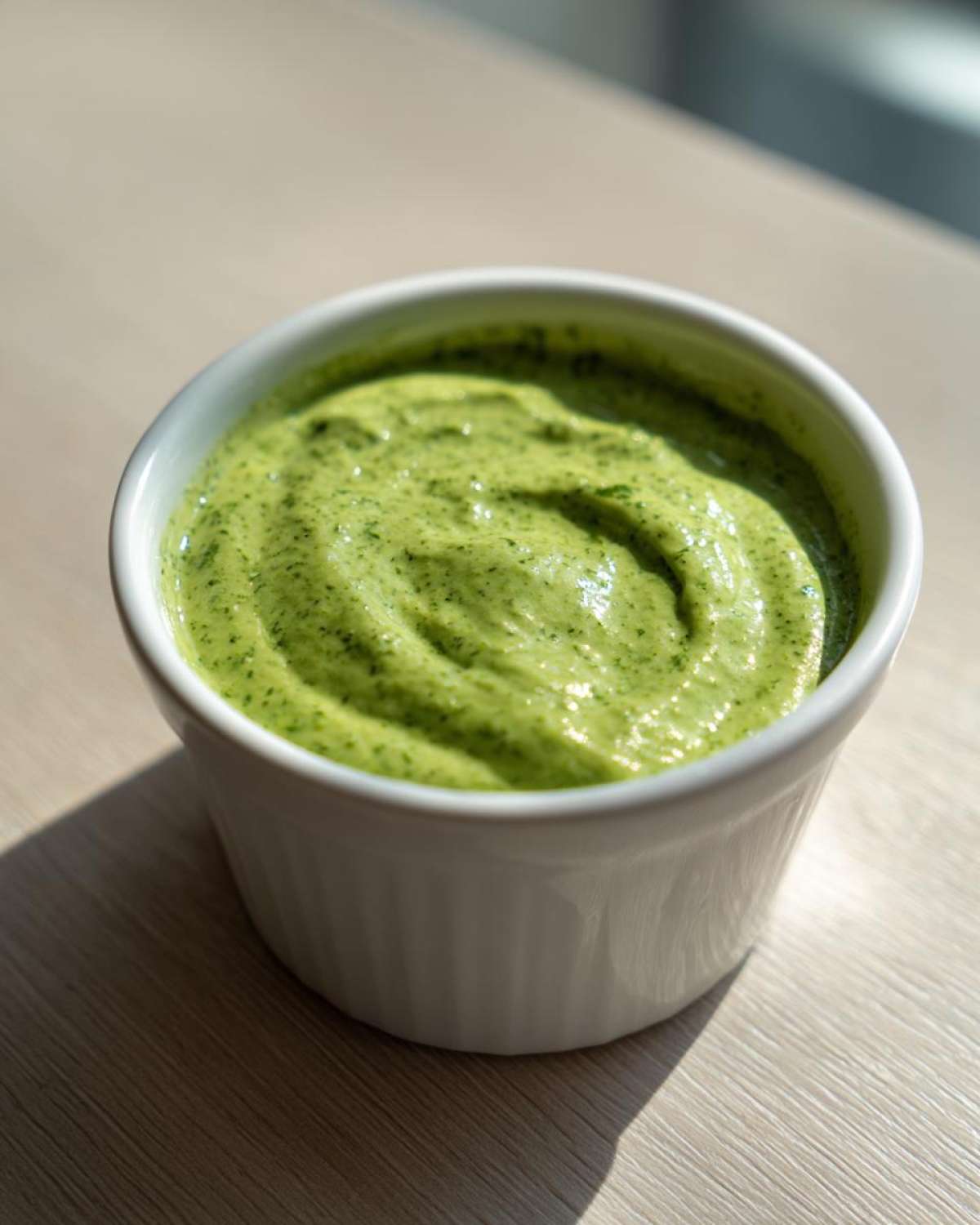A close-up of vibrant green, creamy cilantro lime sauce swirled in a small white ramekin.