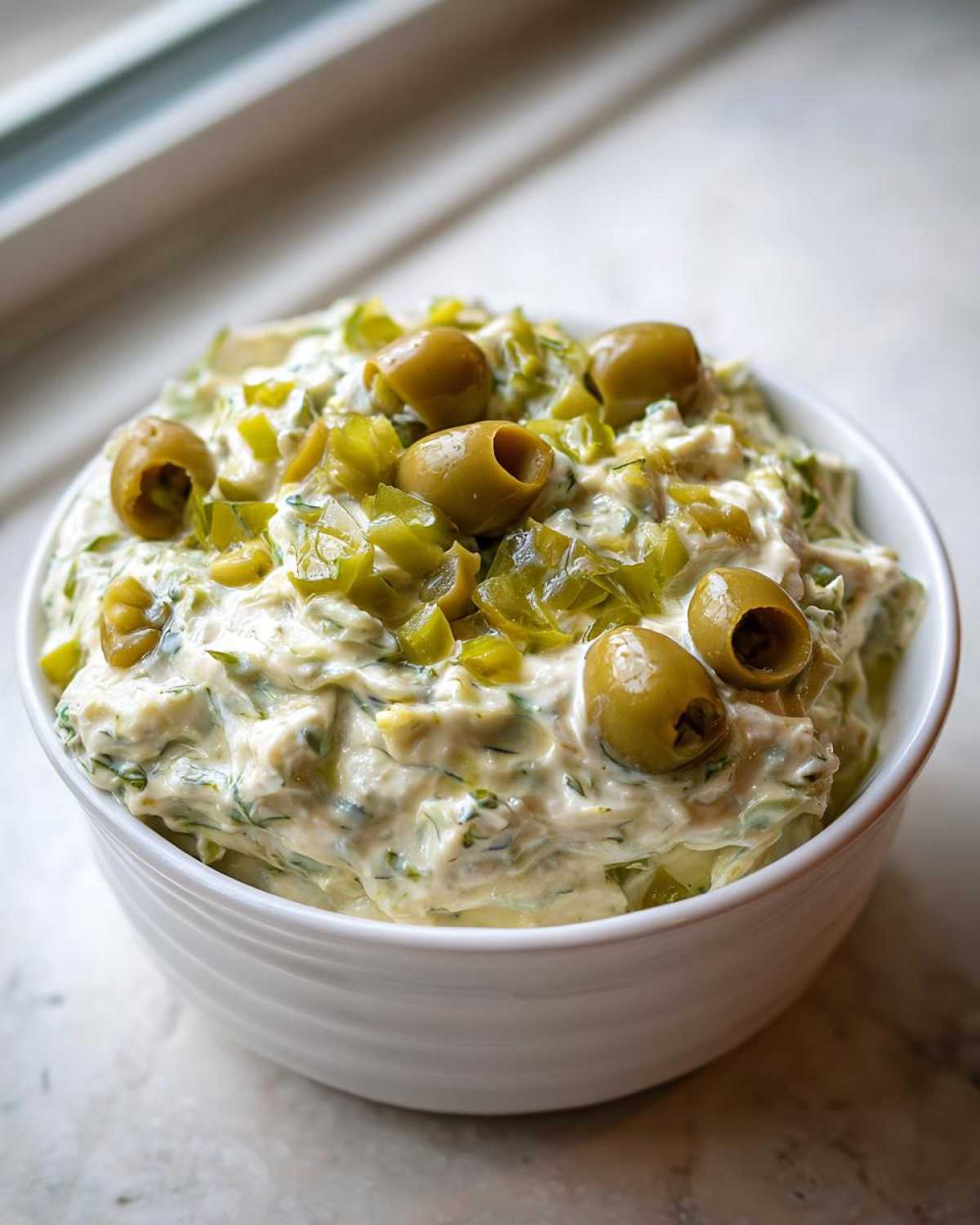 A white bowl filled with creamy dirty martini dip, garnished generously with chopped green olives and whole pimento-stuffed olives.