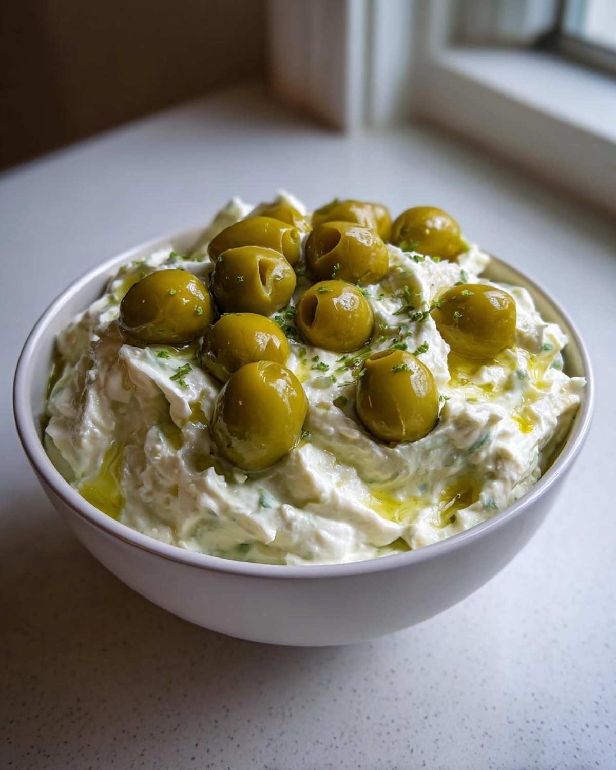 A white bowl filled with creamy dirty martini dip, topped generously with whole green olives and a drizzle of olive oil.